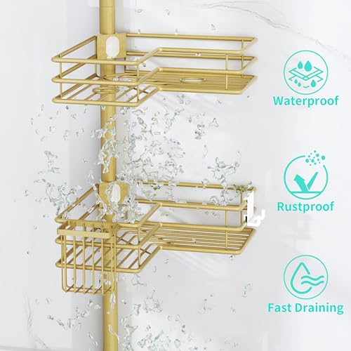 HapiRm Corner Shower Caddy Organizer - Shower Organizer Corner with Soap Holder, Toothbrush Holder and 4 Hooks, Rustproof Bathroom Shelf Tension Pole Available for 27.6 to 108.3 Inch - Gold - color: Gold