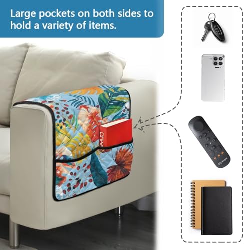 Colorful Palm Leaf Print Armrest Covers for Sofa Comfortable Sofa Armset Organizer Scratch Proof Recliner Arm Protector with 2 Side Storage Pocket for Magazine, Tablet, Phone - color: Colorful Palm Leaf