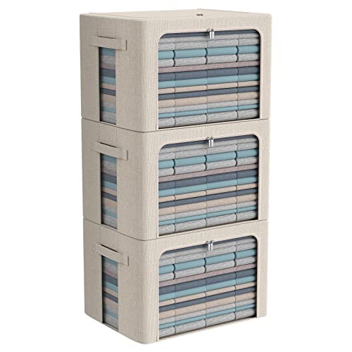 CYhom 3Pack Foldable Storage Bins - Frame Storage Box Linen Fabric Stackable Clothes Container Organizer with Clear Window & Carry Handles Large Capacity (Large-66L, Beige) - color: Beige, size: Large-66L
