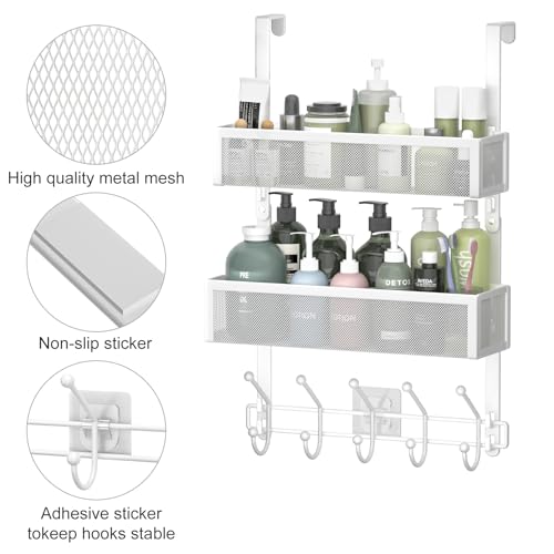 Adjustable Over The Door Hooks Organizer, Door Hanger Coat Rack with 2 Mesh Baskets and 10 Hooks, Back of Door Storage Organizer for Bedroom,Bathroom,Kitchen (White) - color: White-01, size: 2 Baskets
