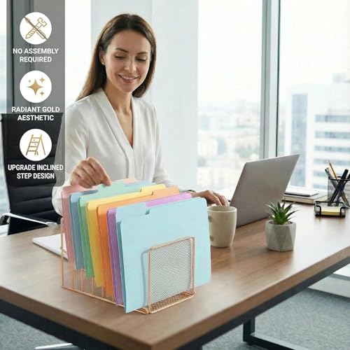 Simmer Stone Rose Gold Desk Organizer 7 Slot Inclined Vertical File Folder Holder Sorter with Mesh Front – Metal Wire Rack for Mail, Slim Binders, Books Office Organization & Desktop Accessories - color: Rose Gold
