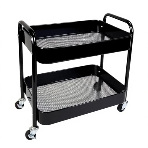 2 Tier Rolling Cart with Wheels for Under Desk Storage & Pantry Room, Large Capacity Laundry Room & Makeup Organizer, Sturdy Kitchen Utility Cart for Small Space with 4 Hooks, Black - color: Black