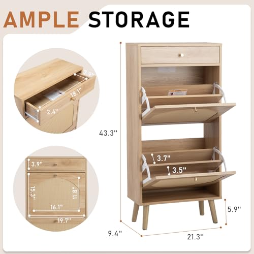 Karl home Shoe Rack Storage Organizer, Rattan-Panel 1-Drawer 2-Tilt-Out Shoe Storage Cabinet, Hidden Shoe Storage for Entryway,Ideal for Heels,Slippers,Casual Shoes,Natural Wood Finish - color: Natural Wood Finish, size: 1-Drawer 2-Tilt-Out