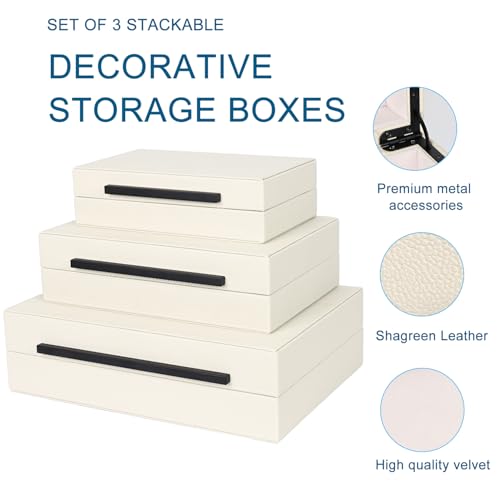 Beige Shagreen Decorative Box Set of 3 - Faux Leather Nesting Storage Boxes with Lids, Large Modern Jewelry Organizer, Stackable Home Decor Box for Bedroom, Bathroom & Office - color: Beige+Black Handles, size: 3 pack