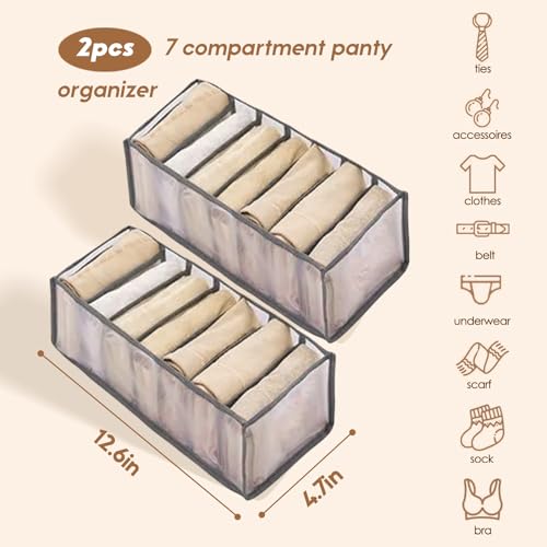 2-Pack Underwear Storage Organizer, 7-Compartment Foldable Drawer Divider for Home, Closet, and Travel Use, Mesh Fabric Organizer Box for Clothing - color: 2 Grey