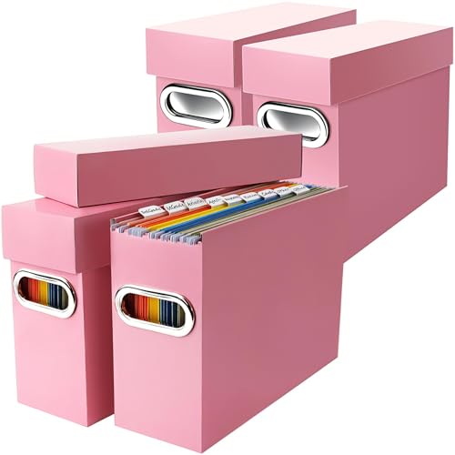 File Organizer Box with Lid & Handle, Heavy Duty Hanging File Folder Storage Boxes for Letter Size, Portable Filing Organizer for Office, Home, Classroom, Pink 4 Pack - color: Pink, size: 4 Pack