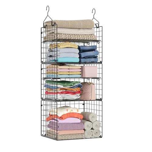 X-cosrack Closet Hanging Organizer Shelves - 5 Tier Wardrobe Organizers and Storage Bin, Hanging Organizer Shelves, Clothes Shelf with Adjustable Dividers for Bedroom Closet Sweater Shoes Handbag - color: Black, size: Large