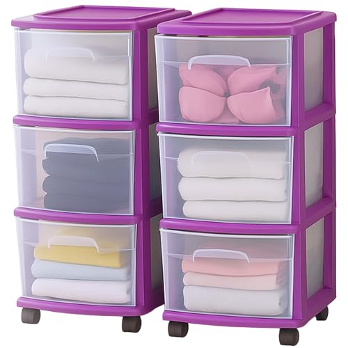 HOMZ 2-Pack Drawer Tower, 3-Tier Clear Plastic Storage Organizer Cart, Purple Frame - Organizing Containers with Wheels for Home, Bathroom, Bedroom, Office, and Classroom - color: Purple, size: 2 Pack