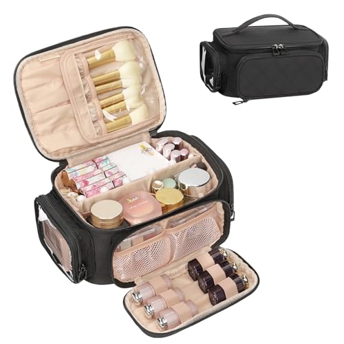 OCHEAL Makeup Bag,Travel Makeup Organizer Bag for Women with Zipper Pouch and Side Pocket, Multifunctional Compartments and Dividers,Toiletry Make up Case for Toiletries, Brushes & Beauty Tools-Black - color: 001_Black with multi-pocket, size: Medium