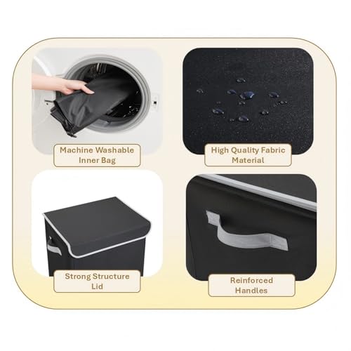Laundry Hamper with Lid, 90L Collapsible Clothes Basket, Strong Struture, Dirty clothes Hamper, Removable Laundry Bag with String Closure, for Bedroom, Bathroom, Dorm, College, Toys, Black - size: 90L