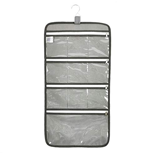 Hanging Jewelry Organizer with 10 Zippered Clear Pockets for Travel Suitcase and Home Closet Jewelry Storage Bag (GREY) - color: GREY
