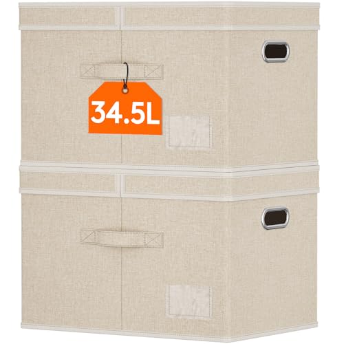 Lifewit Clothes Storage Bins with Lids, Fabric Foldable Storage Boxes with Handles, Decorative Closet Organizer, Stackable Cube Baskets Container for Bedroom, Office, 34.5L Large Beige, 2 Packs - size: Large