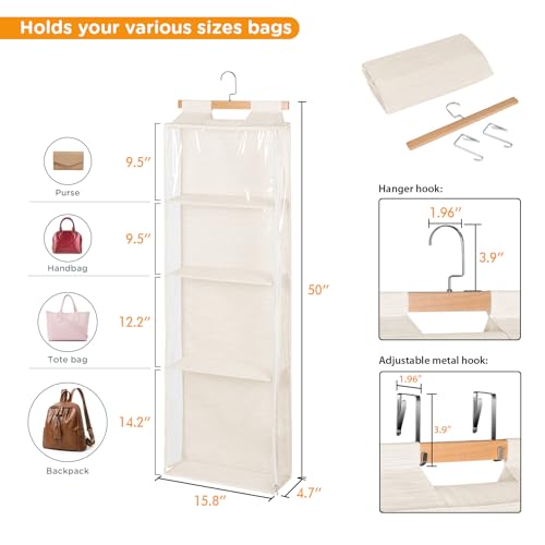 Syeeiex Over The Door Purse Organizer with Zippers, 4 Mesh Shelves,Clear Slubbed Fabric+PVC Hanging Closet Bag Organizer, Dustproof Handbag Closet Tote Storage Bag for Door, Wardrobe, Beige - color: Beige-4 Shelves