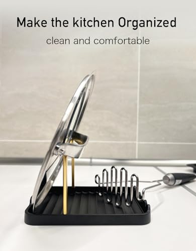 Anti-Rust Metal Spoon Rest with Lid Holder, Heat-Resistant Pot Lid Rest, Multifunctional Spatula Holder While Cooking for Stovetop and Kitchen Counter – Black Gold - color: GOLDBLACK