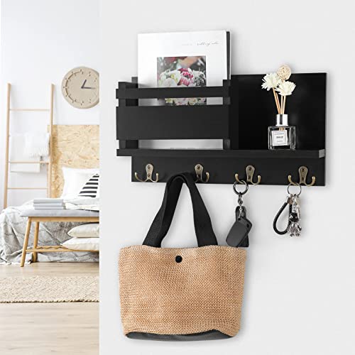 Key and Mail Holder for Wall Decorative - Rustic Mail Organizer Wall Mount, Wooden Letter Sorter Organizer with 4 Key Rack Hooks for Hallway Kitchen Farmhouse Decor (16.5” x 9.1” x 3.4”) (Black) - color: A - Black