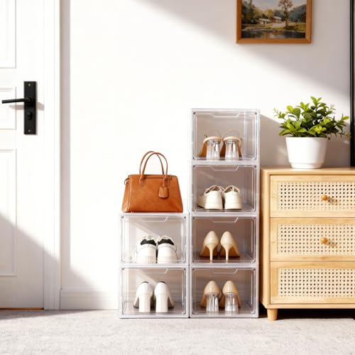 Shoe Boxes Shoe Storage Boxes Display Boxes with Magnetic Doors and Stackable Design, Ideal for Hallways, Under Beds, Wardrobes, and Living Rooms (Magnetic Door-Clear, 6 Pack) - color: Magnetic Door-Clear, 6 Pack
