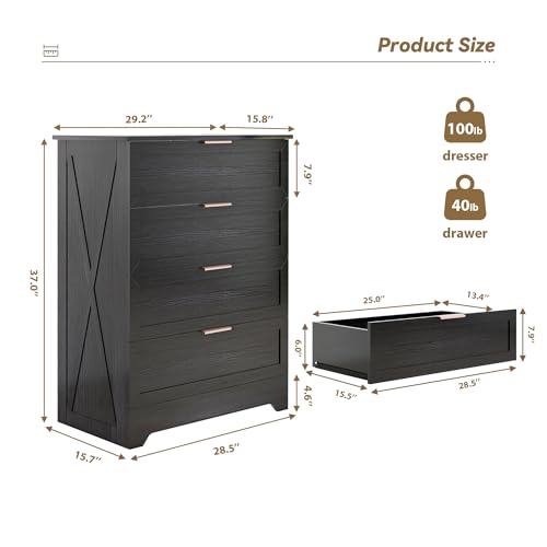 FTZxHKLX Modern 4 Drawer Dresser for Bedroom, Tall Bedroom Dresser with Large Drawer & Rose Gold Handles, Wooden Storage Organizer Cabinet Chest of Drawer for Closet, Living Room, Hallway, Black - color: Black