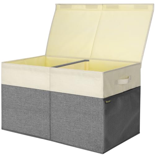 BALEINE Fabric Storage Bins with Lid, Collapsible Extra Large Storage Boxes Bins Baskets with Divider for Home Organizing (25"x13"x16", Grey&Beige) - color: Grey&Beige, size: 25"x13"x16"