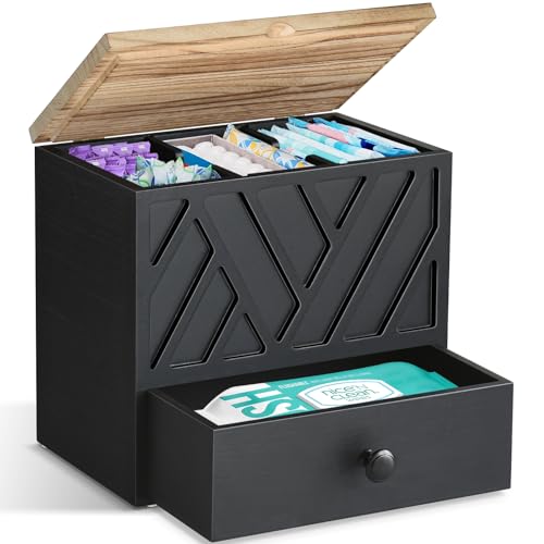 Tampon Holder for Bathroom Decor, Feminine Product Organizer with Lid and Drawer, Shark Week Tampon Storage, Wood Pad and Tampons Organizer for Toilet Storage, Bathroom Accessories Box for Girl Stuff - color: Black