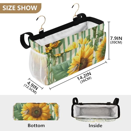 Bedside Caddy Metal Frame Hanging Organizer Bunk Bed Dorm Accessories Hook And Loop Storage Bag Large Pockets Green Striped Sunflowers and Bees - color: Green Striped Sunflowers and Bees