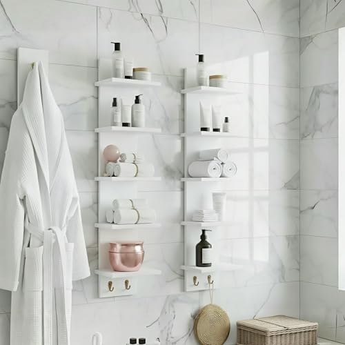 Sorbus 5 Tier Wall Shelf Unit with Hooks, Vertical Column Utility Shelving for Home Decor and Storage Organizer, Wall-Mounted Floating Shelves for Bathroom Storage, Bedroom, Living Room - color: White, size: 1 Pack