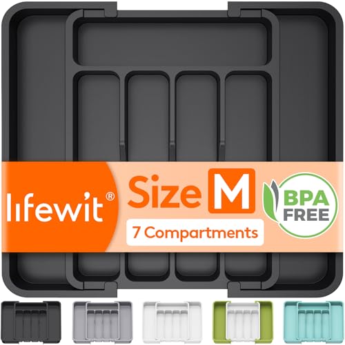 Lifewit Silverware Drawer Organizer, Expandable Utensil Tray for Kitchen, BPA Free Flatware and Cutlery Holder, Adjustable Plastic Storage for Spoons Forks Knives, 8.9-14.7 x 12.2", Black - color: Black, size: Medium Wide (8.9-14.7''W x 12.2''D)