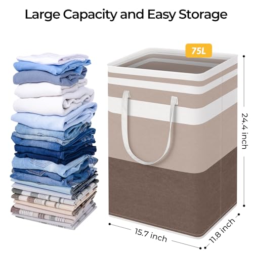 HomeHacks 2-Pack Large Laundry Basket, Waterproof, Freestanding Laundry Hamper, Collapsible Tall Clothes Hamper with Extended Handles for Clothes Toys in the Dorm and Family (Brown, 75L) - color: Brown, size: 75L