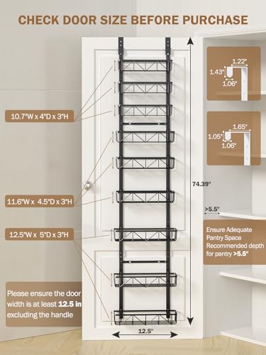 Delamu Adjustable Narrow Over the Door Pantry Organizer, 9-Tier Metal Pantry Organization and Storage for Kitchen, Hanging Spice Rack Seasoning Shelves, Cabinet Door Organizer for Easy Install, 12.5" - color: Black, size: 12.5"W 9-Tier