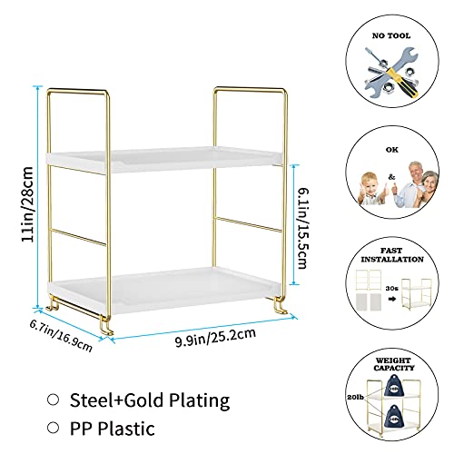 2-Tier Bathroom Countertop Organizer Perfume Organizer Makeup Shelf Bedroom Storage Tray or Kitchen Spice Rack (Gold) - color: White + Gold