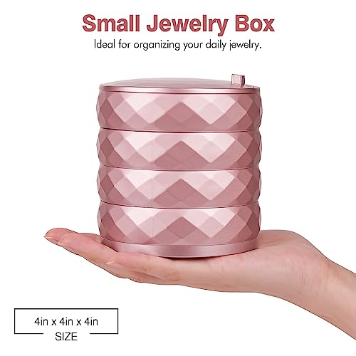 CONBOLA Travel Jewelry Case Box, Small Jewelry Organizer Earring Holder for Women, 5-Layer Rotating Jewelry Storage Tray with Lid for Bracelets Rings Bracelets - color: rose