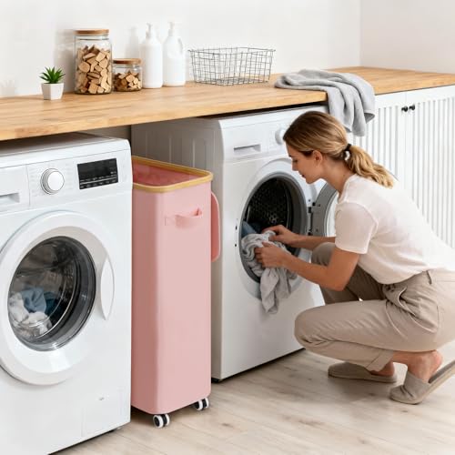 Goodpick Slim Laundry Basket with Wheels and Lid, 75L Tall Laundry Hamper with Bamboo Frame Removable Bag, Collapsible Clothes Hamper for Dorm Home Decor, Pink, 17" x 9.8" x 29.5" - color: Pink, size: 75L (17"L x 9.8"W x 29.5"H)