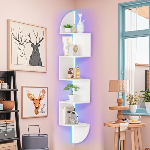 Waipfaru Corner Shelf, 5 Tier Bookshelf with LED Light, Corner Shelf Wall Mounted, Floating Shelves for Wall, Display Stand for Bedroom, Living Room, Bathroom, Home, Office, White - color: White