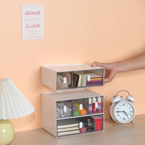 Desktop Storage Drawers, Plastic Desk Organizer with 6 Drawers, Modular Stackable Toolbox Units for Office Stationary, Makeup Container, Bathroom Countertop (3 Tiers, White & Clear) - color: 3 Tall Layers & 6 Drawers, White & Clear