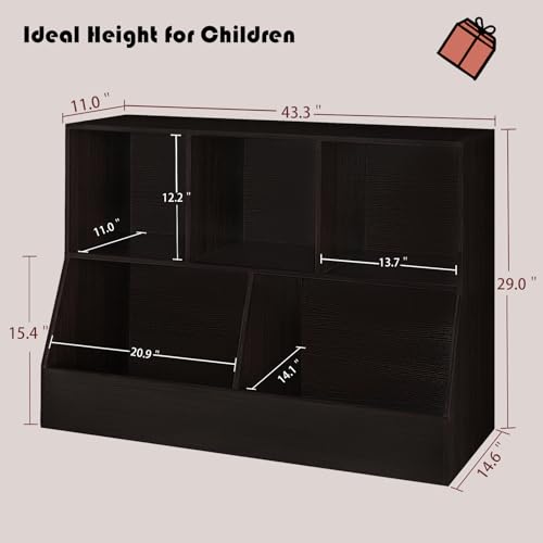 DINZI LVJ Toy Storage Organizer, Kids Bookshelf, Wood Toy Storage Cabinet, 5 Cubby Children Bookcase, 43.3" L Toddler Book Shelf for Playroom, Living Room, Nursery, Hallway, School, Espresso - color: Espresso, size: 2-Tier 43.3"