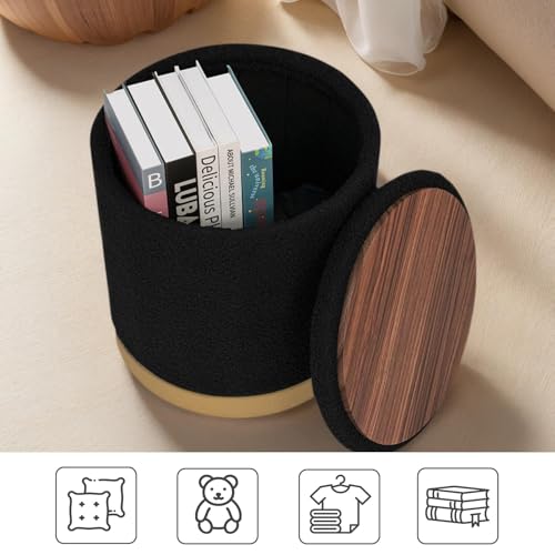 15" Round Storage Ottoman,Boucle Foot Rest/Seating/Storage for Small Space-Living Room/Bedroom/Dorm-Black - color: Black