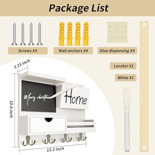 Farmhouse Key Holder for Wall with Mail Organizer - Easy Installation Wall Mount Organizer, Includes Chalkboard, Drawer, Wallet Holder & 4 Double Hooks, Ideal for Entryway, Quick Access - White - color: White