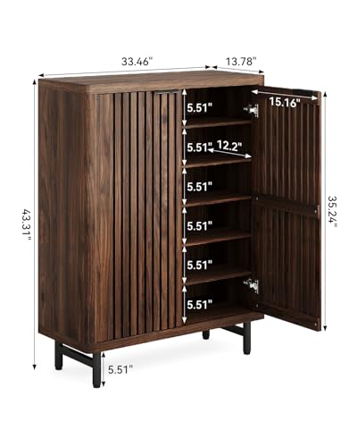 LITTLE TREE 6-Tier Shoe Cabinet with Doors for Up to 24 Pairs, Large Wooden Shoe Storage Cabinet with Adjustable Shelves, Retro Freestanding Shoe Organizer Cabinet for Entryway, Hallway, Dark Walnut - color: Dark Walnut