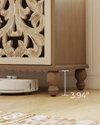 47" Tall Accent Cabinet with Carved Doors, Storage Cabinet with 3 Adjustable Shelves, Narrow Boho Farmhouse Sideboard for Entryway, Living Room, White&Natural