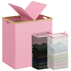 efluky Laundry Hamper with Lid, Double Laundry Hamper with 2 Removable Bags, 2 Section Laundry Basket with Bamboo Handles for Bathroom, Bedroom & Laundry Room (Pink, 140L Dual) - color: Pink, size: 140L Dual