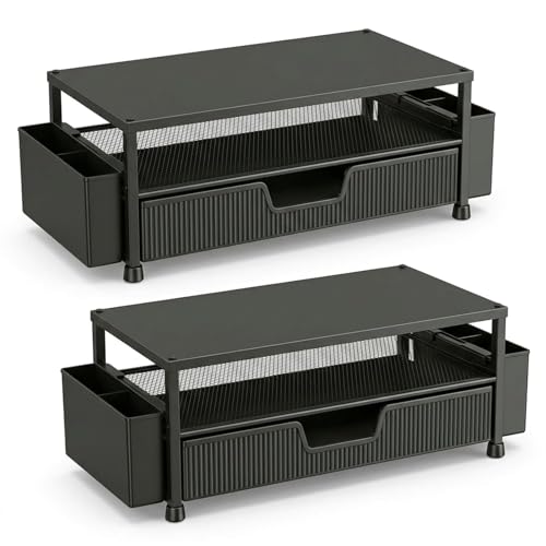ECOLOVI Desk Organizer and Accessories, 2-Tier Computer Monitor Stand Rise with Storage Drawer & 2 Pen Holders, Laptop & Printer Stand for Desktop, Workspace Organizers for Office Supplies (Black 2-Pack)) - color: Black 2-Pack