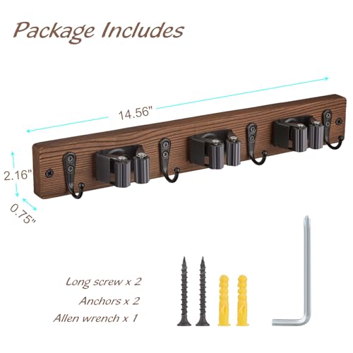 OUTNILI Mop Broom Holder Wall Mount with 3 Slots & 4 Hooks - Wood Broom Mop Hanger for Pantry Kitchen Organization - Garden Tool Organizer for Closet Laundry Room - for Rustic Farmhouse Kitchen Decor - color: Brown-3 Grips, size: 1 Pack