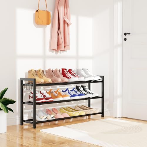 Expandable Shoe Rack for Small Spaces, Adjustable Width 18.5"–33", 3-Tier Sturdy Metal Shoe Organizer for Entryway, Closet, Bedroom Garage Dorm, Free Standing Shoe Organizer 12 Pairs with Hooks, Black - color: Black