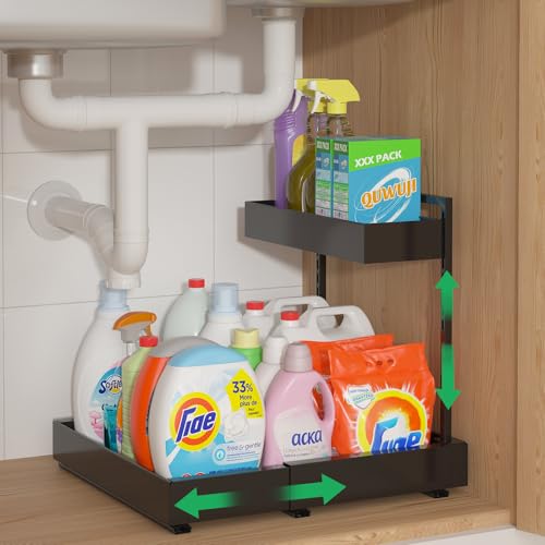 REALINN Expandable Under Sink Organizers and Storage, 2 Tier Under Cabinet Organizer, Heights Adjustable Pull Out Rack for Kitchen Bathroom Laundry, Black, 1 Pack - color: Black, size: 1 Pack