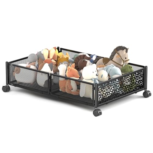 Under Bed Storage with Wheels, Foldable Pattern Carved Metal Under Bed Storage Containers, 60L Rolling Underbed Storage, Easy Assembly Under The Bed Storage for Shoes, Clothes, Blankets... - color: Black, size: 1 Pack