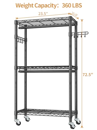 Heavy Duty Clothes Rack Rolling Garment Rack,3 Tier Adjustable Wire Shelving Clothing Racks for Hanging Clothes with Double Rods&Side Hooks,Freestanding Wardrobe Storage Rack Metal Portable Closet - color: Black1, size: 15.75"D x 23.5"W x 72.45"H