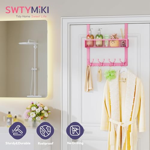 SWTYMIKI Over The Door Hook with 16 Hooks & Mesh Baskets - Heavy Duty Over The Door Organizer Hanger for Towels, Coats, Clothes - Space Saving Hanging Rack for Bathroom, Living Room, Pink - color: Pink-1 Basket