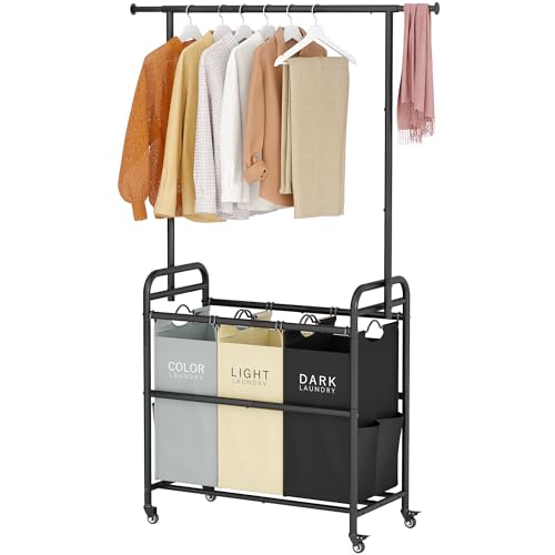 Tajsoon Laundry Sorter Cart with Hanging Clothes Rack, 3 Butler Sorter Basket Organizer, Laundry Hamper Cart with Heavy Duty Rolling Lockable Wheels, 3 Colors - color: 3 Colors, size: 3 bag