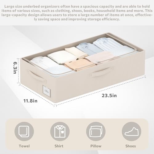 CYhom 3Pcs Under Bed Storage Bins with Metal Frame - Shoe Organizer for Closet with Clear Cover Oxford Fabric Sturdy Underbed Container Foldable Stackable Clothes Organizer (Beige, 23.5x11.8x6.3) - color: Beige, size: 23.5x11.8x6.3