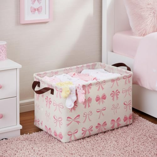 Pink Bow Decor Storage Basket Waterproof Canvas Toy Storage Bin Coquette Room Decor Collapsible Outdoor Basket with Leather Handles Pink Blanket Baskets For Closets,Bedrooms,Gifts Baskets - color: Pink Bow Decor