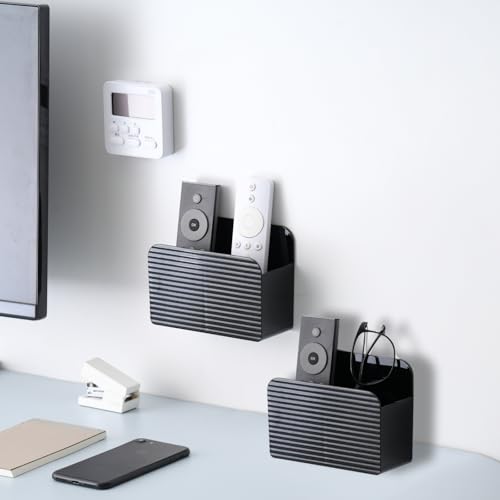 LINFIDITE 2 Pack Adhesive TV Remote Control Holder Wall Mount TV Remote Holder For Bedside Wall Remote Control Caddy Storage Organizer Stand Box （For 2 Or 4 Remote Controls – Black） - color: Gloss Black, size: 2 Pcs Fxed Dividers